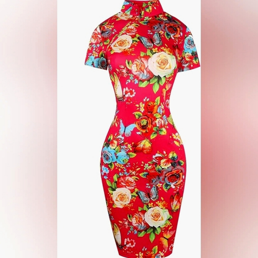 Short Sleeve Floral Stretch Pencil Dress With Stand Collar ⭐️⭐️⭐️